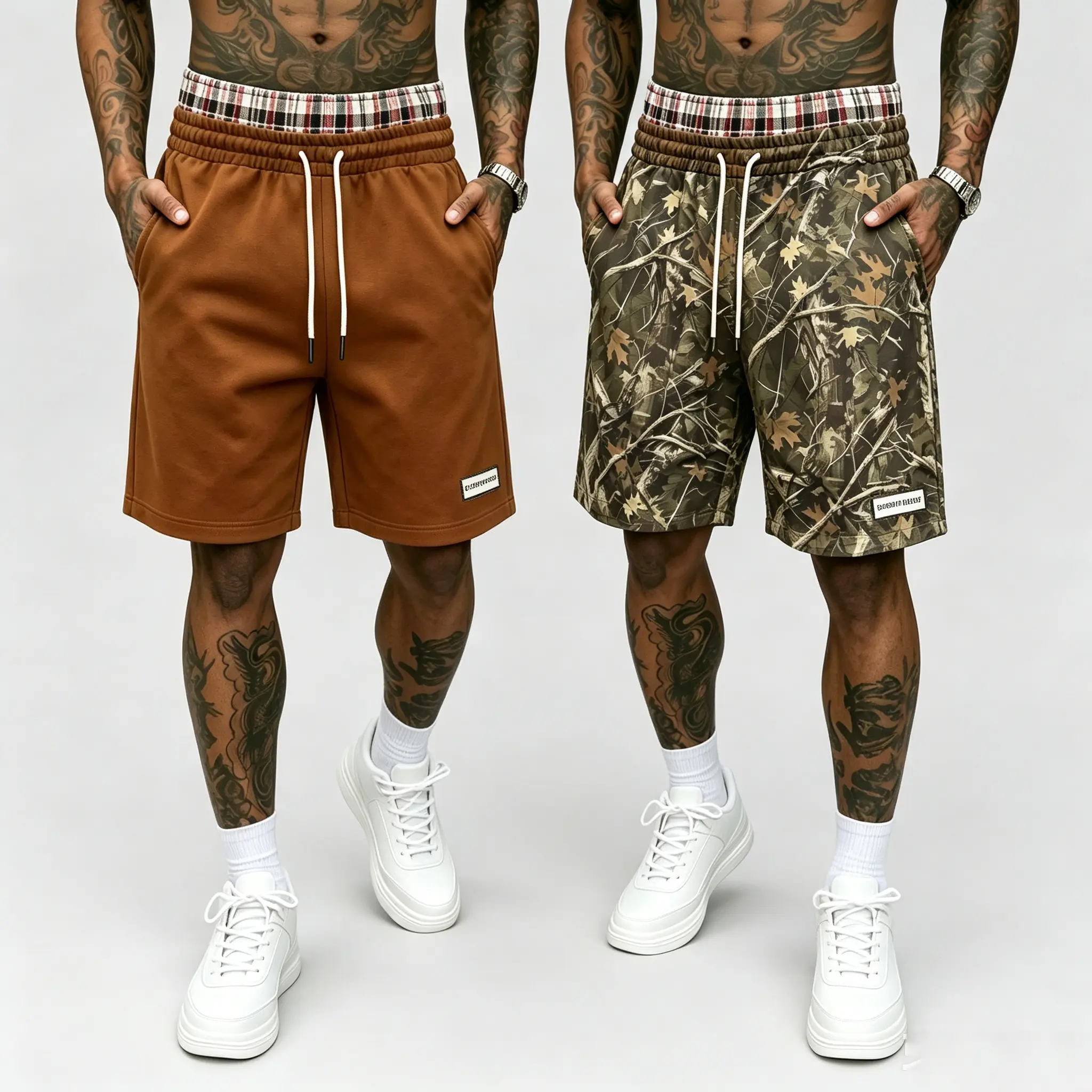Men Casual Shorts, Real Tree Leaf Camo Print, Plaid Trim Elastic Waistband, Adjustable Drawstring, Side Pockets Loose Fit, Outdoor Hunting Shorts, Summer Beach Board Shorts, Gym Workout Streetwear Bottoms