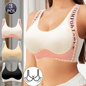 QUASTI 3 PCS Women's Wireless Contrast Sculpt Bralette, Seamless Soft Push Up Bra with Letter Design, No Underwire Cup-Lifting Sports Cami Bra, Fashionable Comfortable Everyday Lingerie, S-XXL summerwins