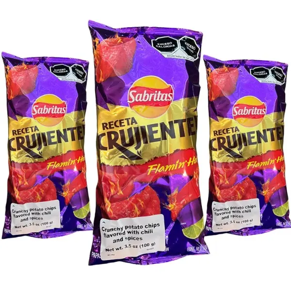 Receta Crujiente Flamin' Hot (3 Pack) 3.5 oz - Mexican Large Chips - Botanas Mexicanas Bolsa Grande