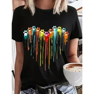 Womens Rainbow Paint Drip Paw Print Graphic Tee Casual Short Sleeve Crewneck Shirt Cute Dog Mom Top for Summer Outfit Streetwear