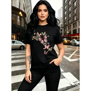 100% cotton watercolor butterfly pattern print, stylish and breathable T-shirt, suitable for family trips, campus activities, casual sports, daily commuting, versatile T-shirt