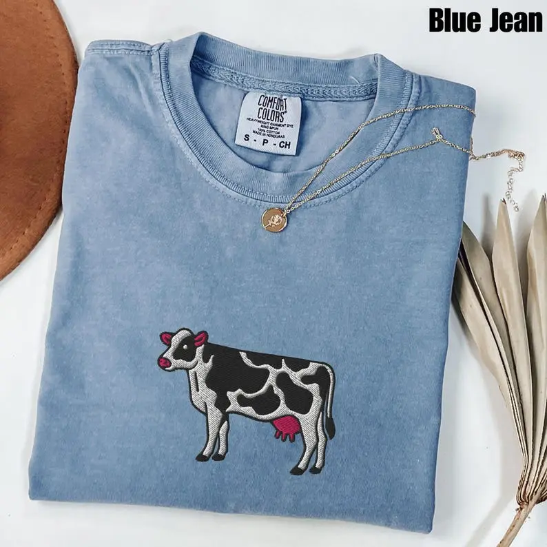 Comfort 1717 T_SHIRT Embroidered Cow Comfort Colors® T-Shirt, Cow Lover Gift Tee, Farm Animal Shirt, Cattle Lover Embroidery, Cute Country Graphic Top TOP TRENDING