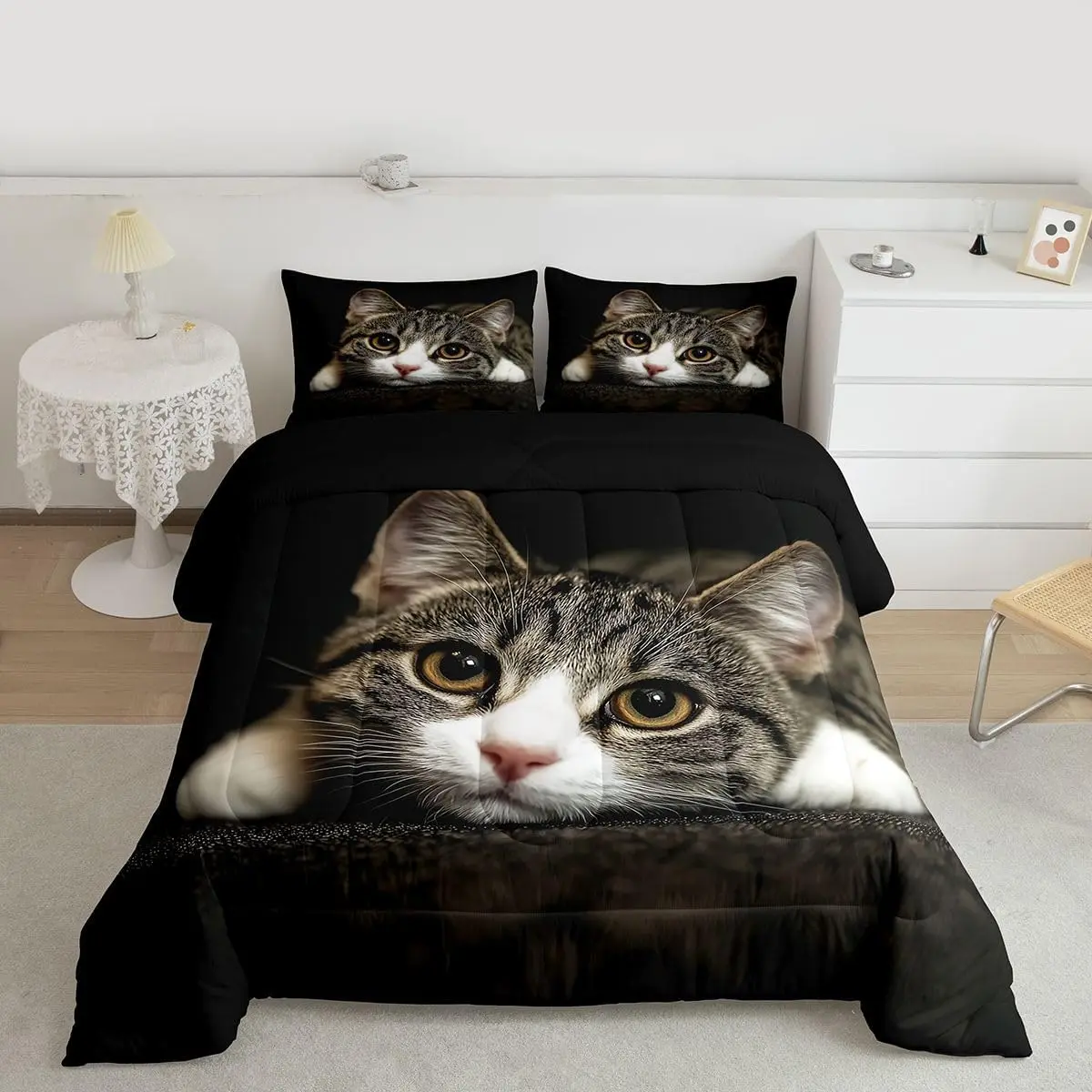 Feelyou Multi-Size 3D Cat Pattern Microfiber Household Bedding Set - Decorative Duvet Cover, Machine Washable Duvet, Brown-Grey Modern Pet-Themed Bedding for Teens