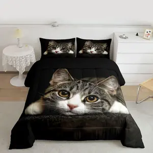 Feelyou 3D Cat Pattern Microfiber Bedding Set with Decorative Duvet Cover, Machine-Washable, Brown-Grey Pet-Themed Comforter for Teens' Bedroom Home Decor