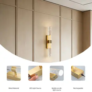 Light luxury bubble strip charging wall lamp modern infinite dimming copper natural color/black 39cm 4000mAh square chassis wall lamp suitable for corridors, hallways, simple and atmospheric living room background wall