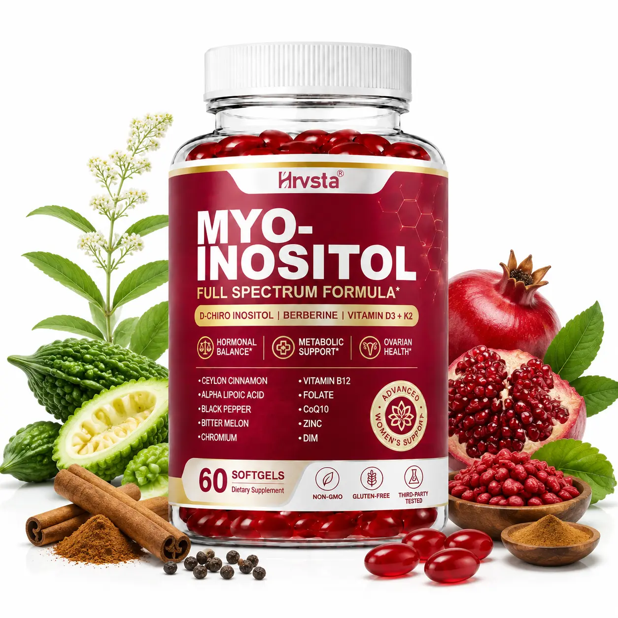 Women’s Myo Inositol Supplement 60 Softgels, Myo & D-Chiro Inositol with Berberine, Vitamin D3 + K2, Folate, CoQ10, Women’s Daily Wellness & Metabolic Support Formula