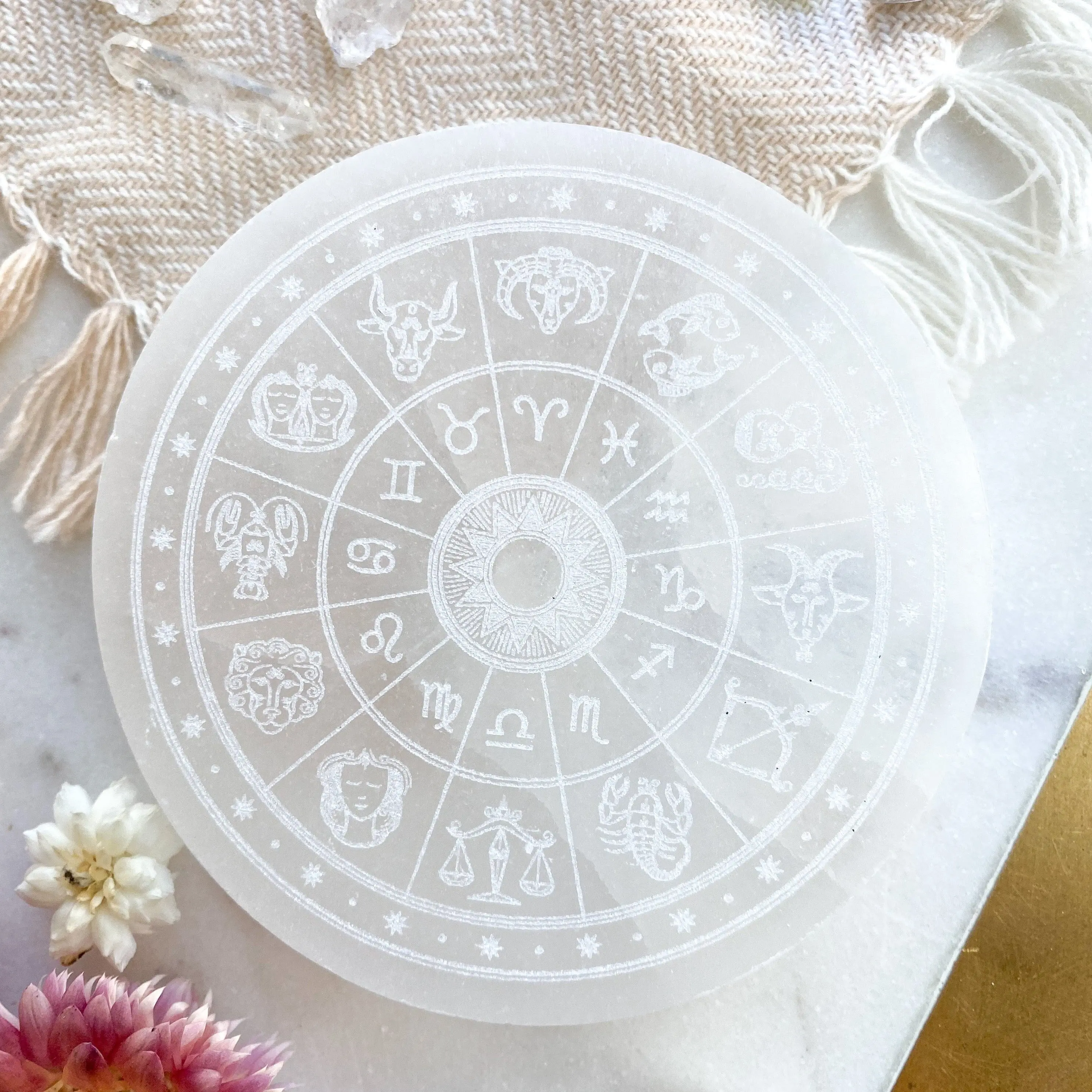 “Zodiac Wheel” Horoscope Selenite Cleansing Disc, Charging Plate and Crystal Grid