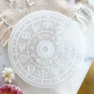 “Zodiac Wheel” Horoscope Selenite Cleansing Disc, Charging Plate and Crystal Grid