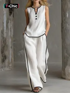 Women's Summer Loose Fit Set, V-Neck Fake Button Contrast Edge Sleeveless Top and Wide Leg Pants, 2-Piece for Casual Wear, Womenswear