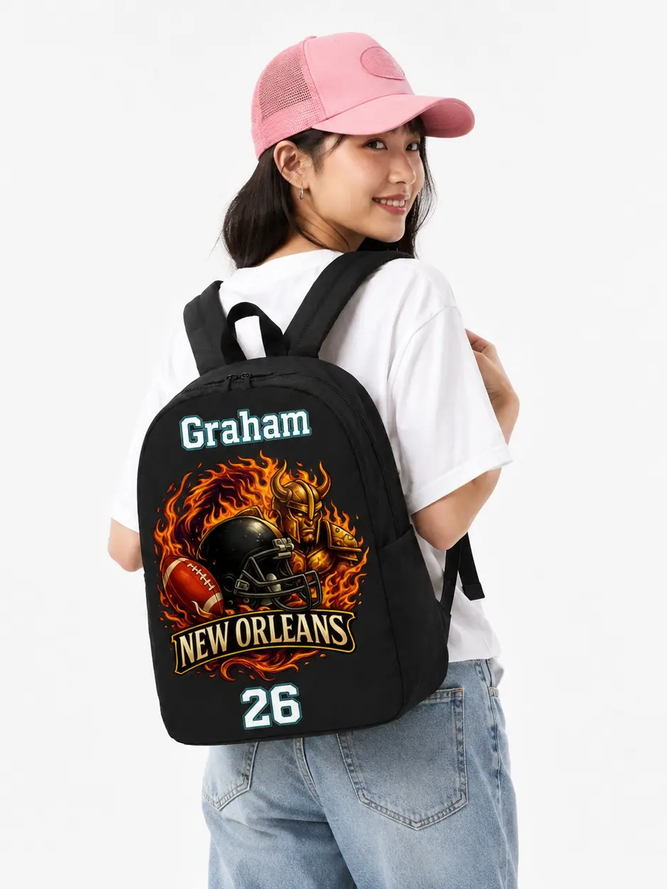 New Orleans Fans Football Canvas Backpack - Personalized Name & Number School Bag, Functional Gift for Students