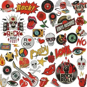 46 Pieces Rock and Roll Music Iron-on Transfer Sticker Rock Punk Band Patch Set Punk Iron-on Patches Party Heat Transfer Sticker Halloween Jackets Hat Clothing Bags Decoration