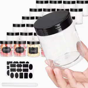 24pcs 7 OZ Clear Plastic Jars With Ribbed Lids Wide Mouth Food Plastic Mason Jars Airtight Paint Storage Containers For Dried Fruit, Honey, Nuts, Kitchen Household (Black Lids)