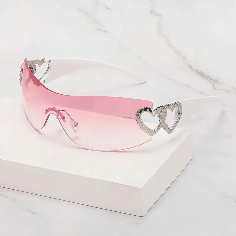 Heart Design Rimless Sunglasses, Trendy Tinted Lens Sunglasses for Everyday Use, Fashion Accessories for Outdoor Activities, Heart Shaped Sunglass