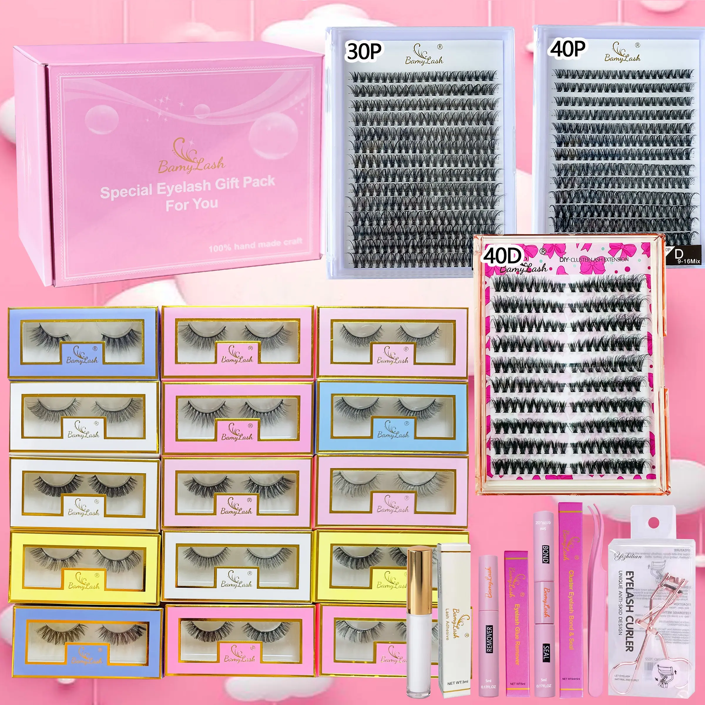 Gift Set of 15 Pairs of Eyelashes and 3 Boxes of Segmented Lashes, Mixed Curl Design, 30P 40P 40D Diy Cluster Lashes Extensions Kit with Bond & Seal, Remover, Lash Glue, Tweezers & Curler, Synthetic Fiber & Acrylic Resin Material