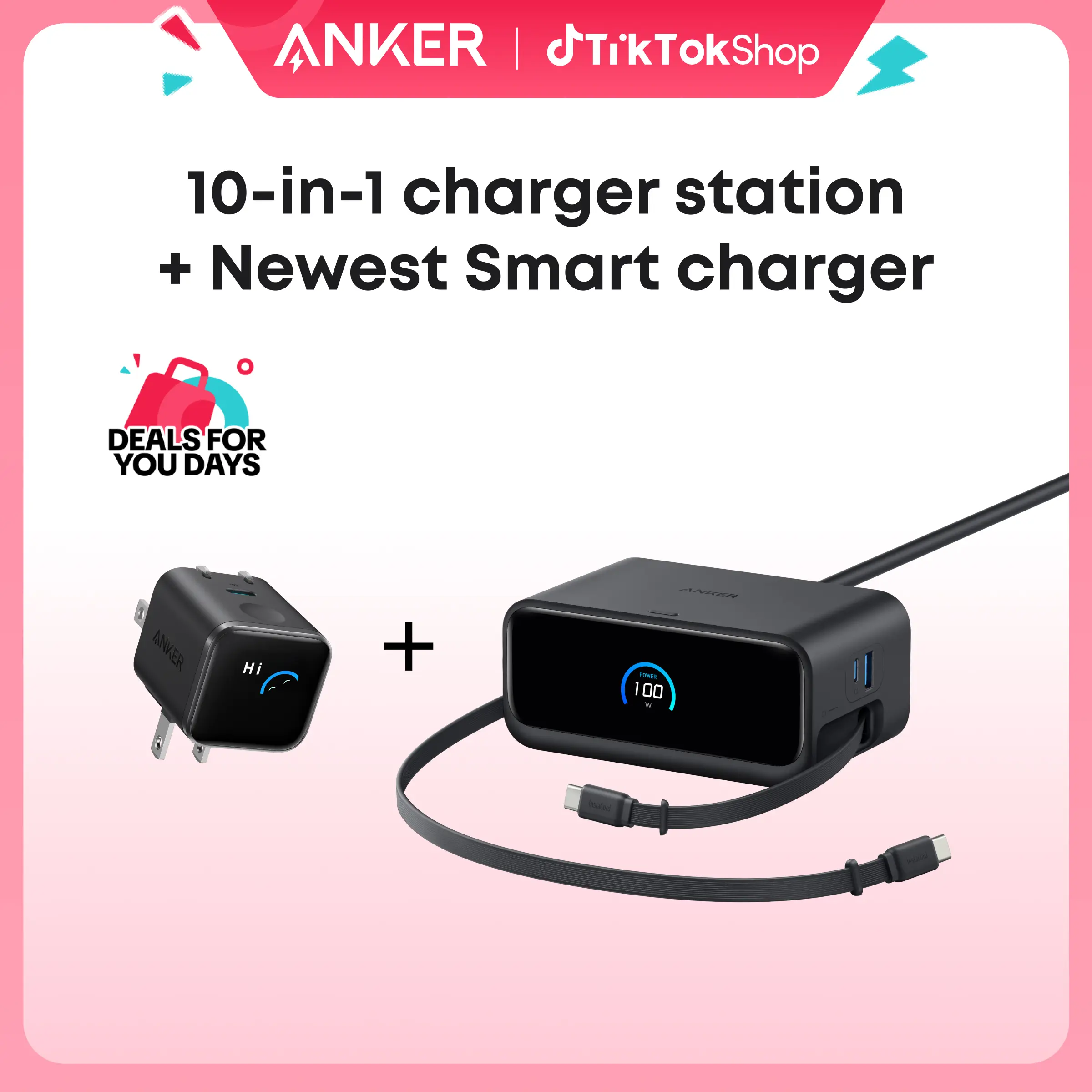 Anker Nano Charging Station( 2.3 ft Anker InstaCord Retractable Cable, 3 USB-C, 1 USB-A, 3 AC) + Anker Smart Display Charger ( Built-In Care Mode, Compact with 180° Foldable Plug)