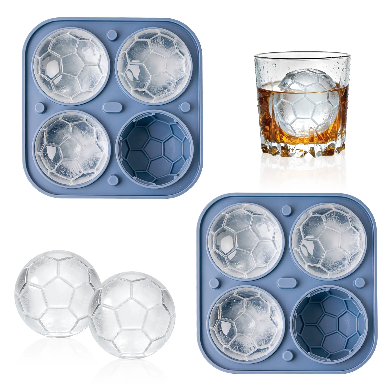 Admaison BPA-Free 2.1-Inch 3D Soccer Sphere Silicone Whiskey Ice Cubes Mold - Flexible Tray with Funnel, Easy Release Black Kitchenware for Cocktail, Home Bar Accessories (Slow Melt)
