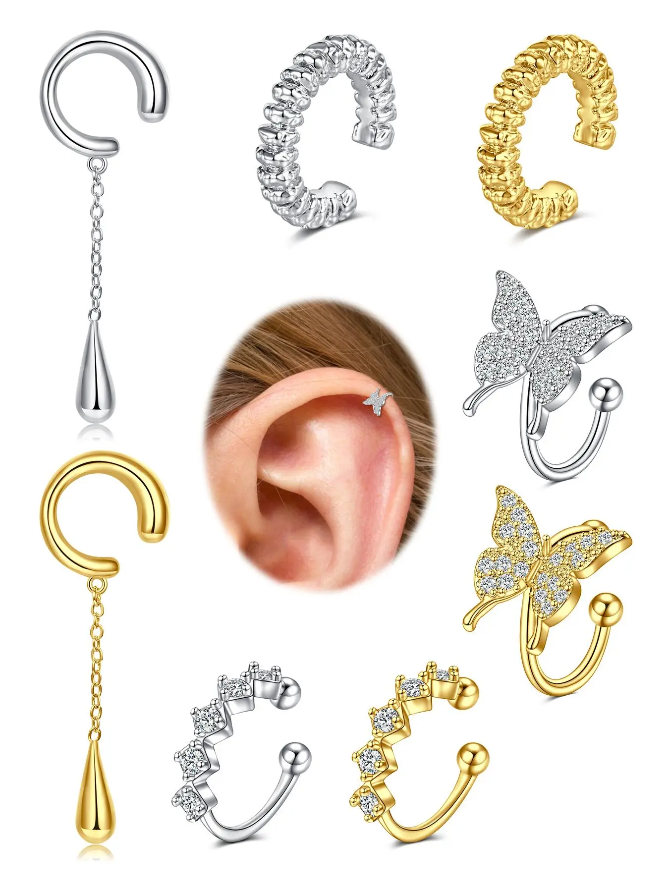 Ear Cuff Earrings Non Piercing Ear Cuffs Gold Silver Fake Earrings Butterfly Clip On Earrings Dangle Lightweight and Chunky Ear Cuffs Fake Cartilage Hoop Clip on Conch Earring Hoops for Women Non Piercing Jewelry