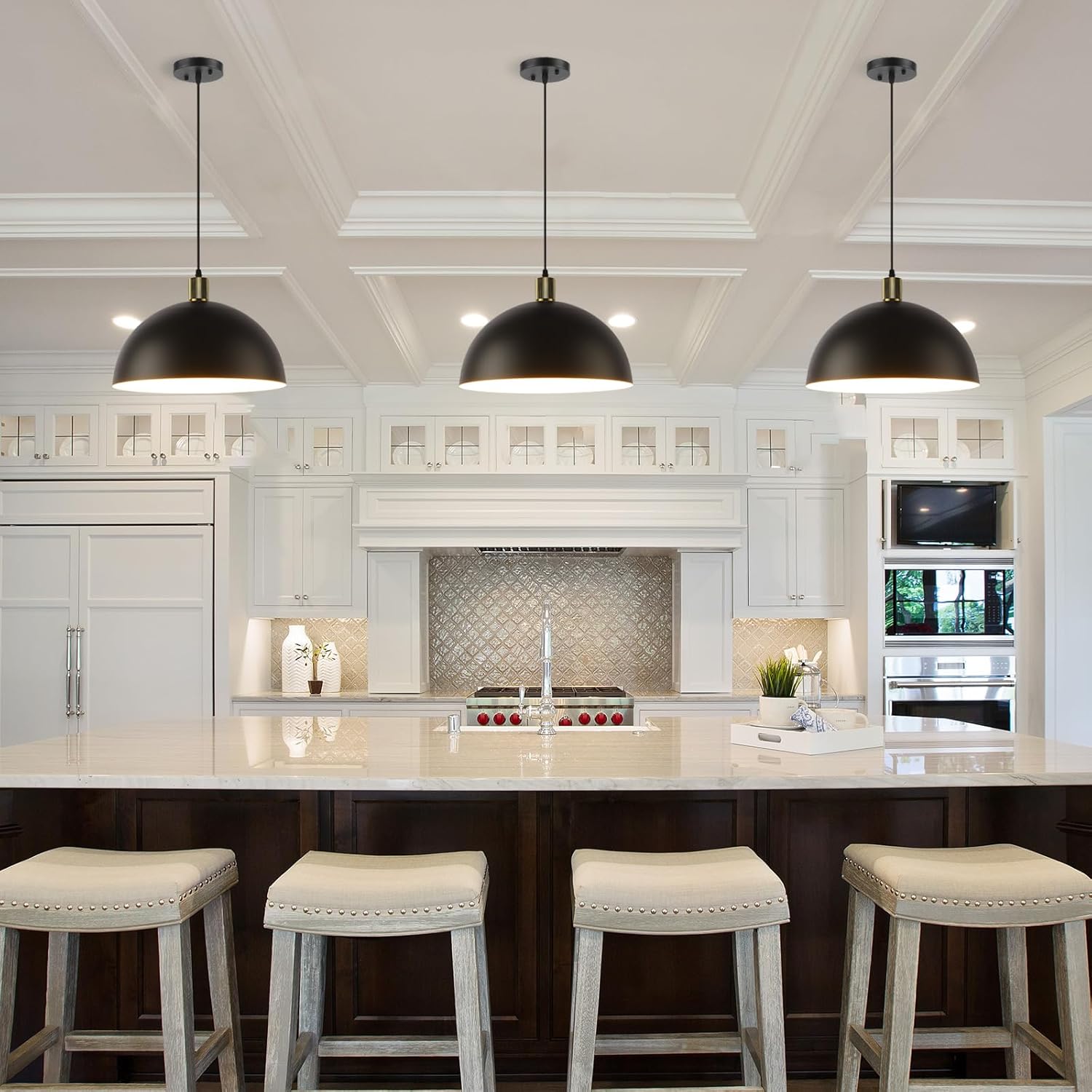 Black Pendant Light Fixtures, 15.7" Large Dome Farmhouse Vintage Chandelier Hanging Lighting for Kitchen Island Dining Room