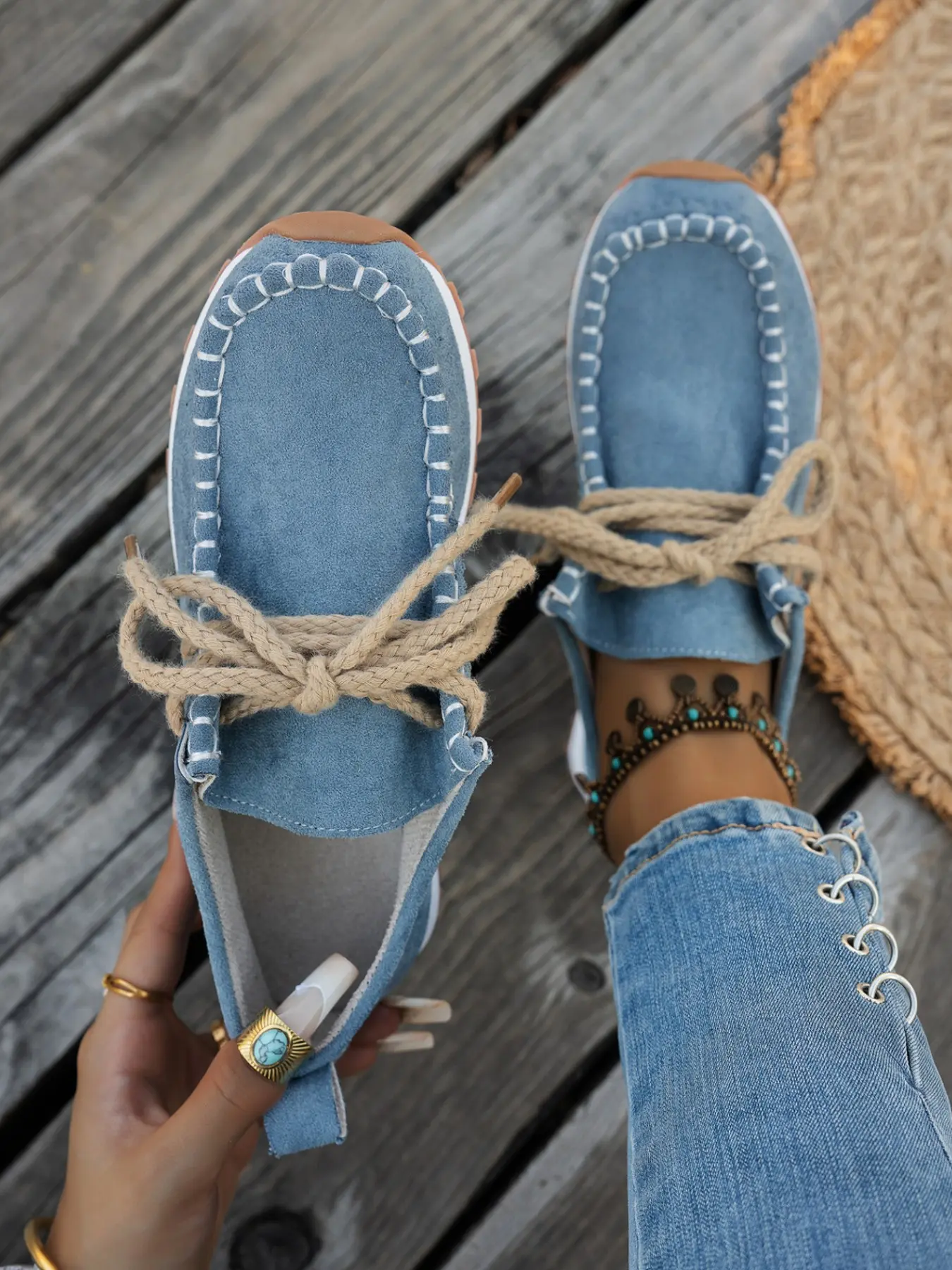 Vintage Distressed Denim Suede Mules, Woven Laces Thick Sole Comfortable Single Shoe, Commuter Soft Bottom Casual Shoes