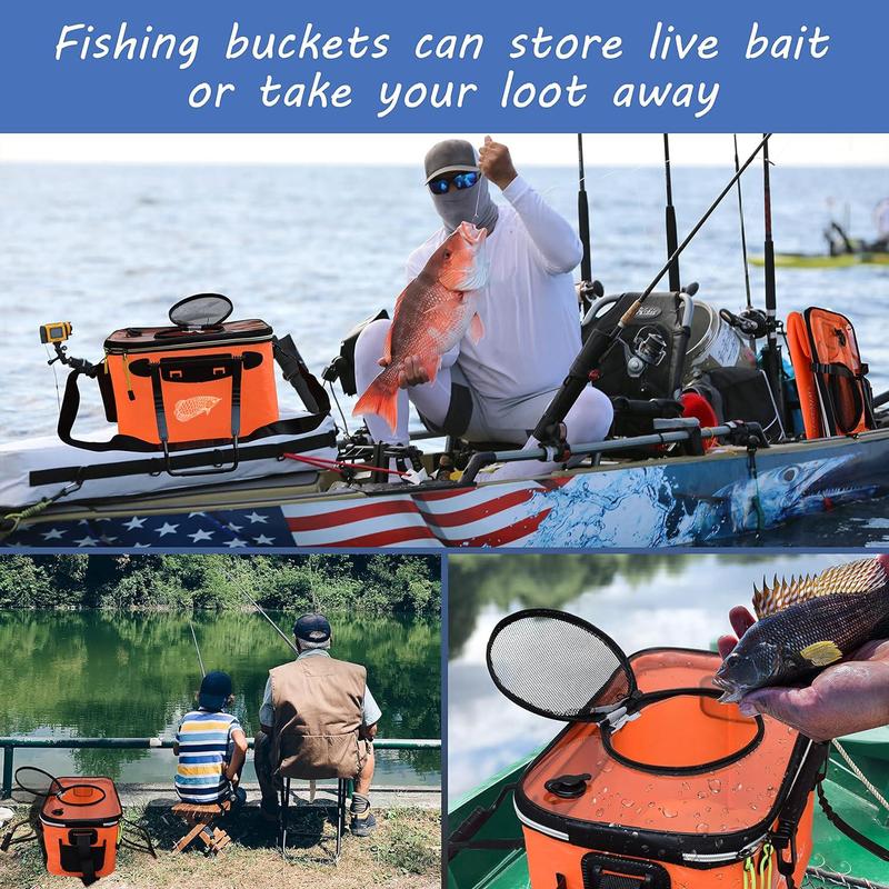 Foldable Fishing Bucket, Waterproof Fishing Box, Fishing Supplies for Outdoor Camping Hiking Dual Sizes Available Lightweight Design football gear basketball accessories Zippered Security