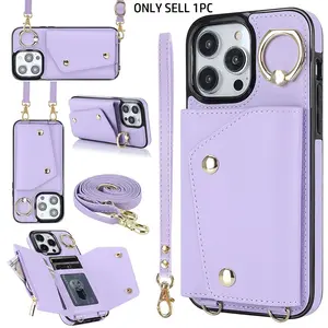 Crossbody Lanyard Zipper Wallet Phone Case with Card Slot, Dropproof Phone Case with Lanyard, Fashion Phone Protective Case for iPhone, Cover