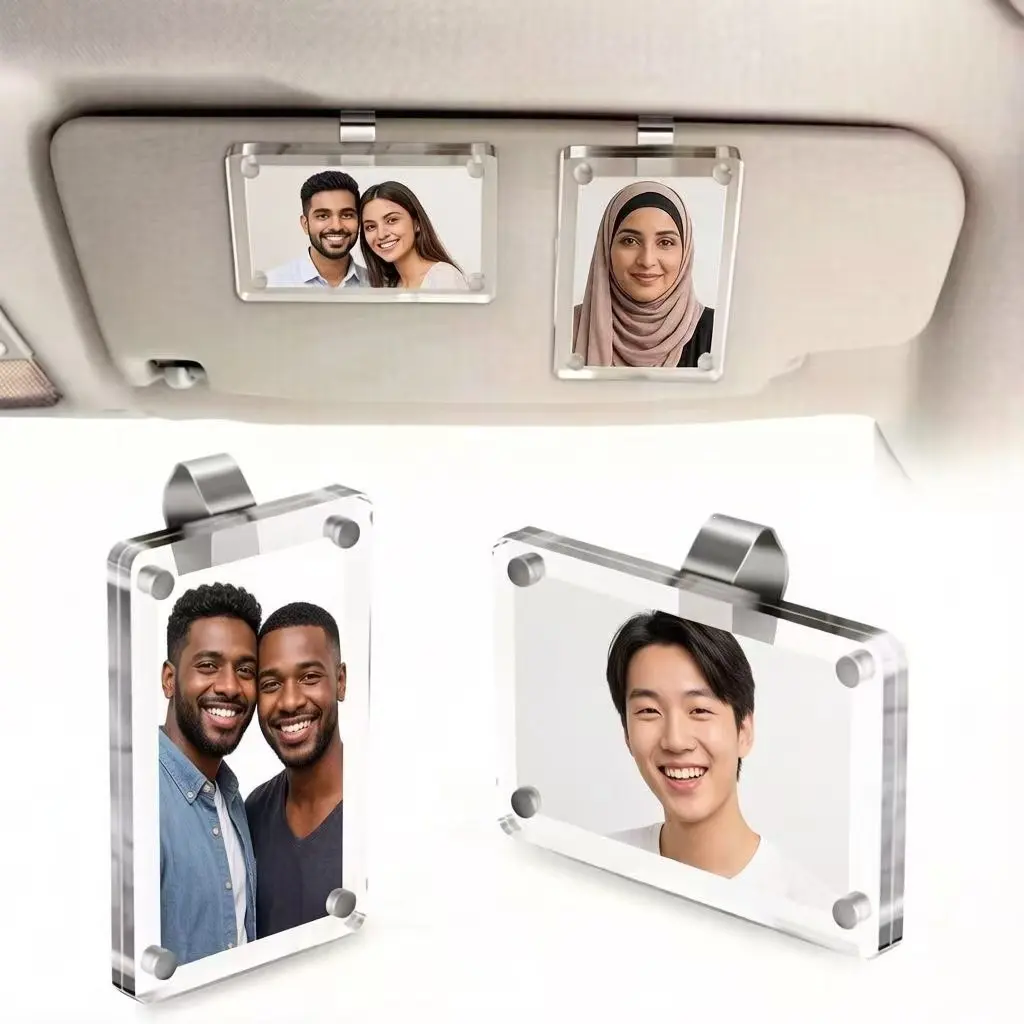 2 PCS Acrylic Vertical Car Sunshade Photo Frame Clips - Universal Car Accessories, 6*9 Photo Holder, DIY Customizable Decor, Ideal Gift for Couples, Family Pet Memorabilia Snap Clips