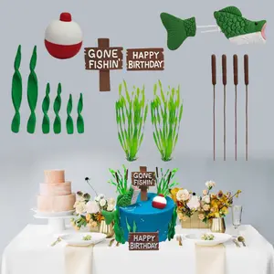 Cake Decoration Go Fishing Theme Decoration Cake Topper with Bass Reed Fishing Cake Happy Birthday Sign Party Party Supplies Suitable for Most Cake Decoration Uses Ornaments