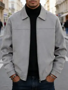 Men's Casual Stand Collar Fitted Jacket, Long Sleeves, Zipper Closure, Faux Suede Fabric, Plain, Simple Business Style, Easy Care, Suitable for Daily Life, Work Travel