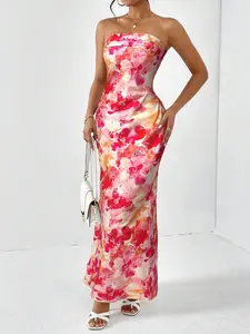 Firerie Spring Break Floral Print Draped Backless Tube Long Summer Dress,Summer Dresses For Women