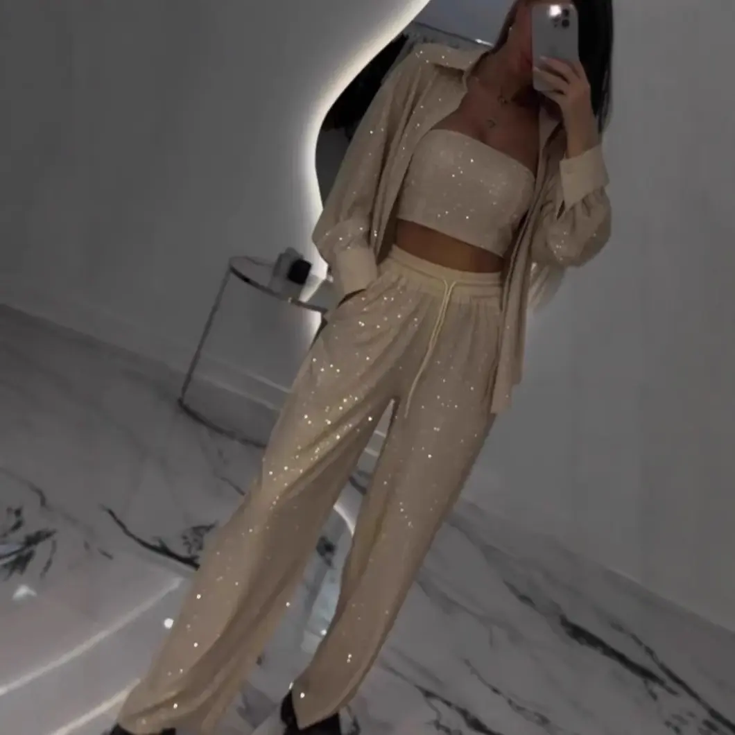 Sequins Strapless Tube Set: Loose casual sequin blazer, tube top, and wide-leg pants three-piece set