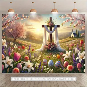 2D Flat, 1pc Easter Floral Cross Backdrop - Pastel Easter Eggs, Church Landscape Photography Background for Easter Party Decorations, Birthday, Wedding - Lightweight Polyester Fabric Indoor/Outdoor Banner Tapestry - No Electricity Needed, Easy Hang