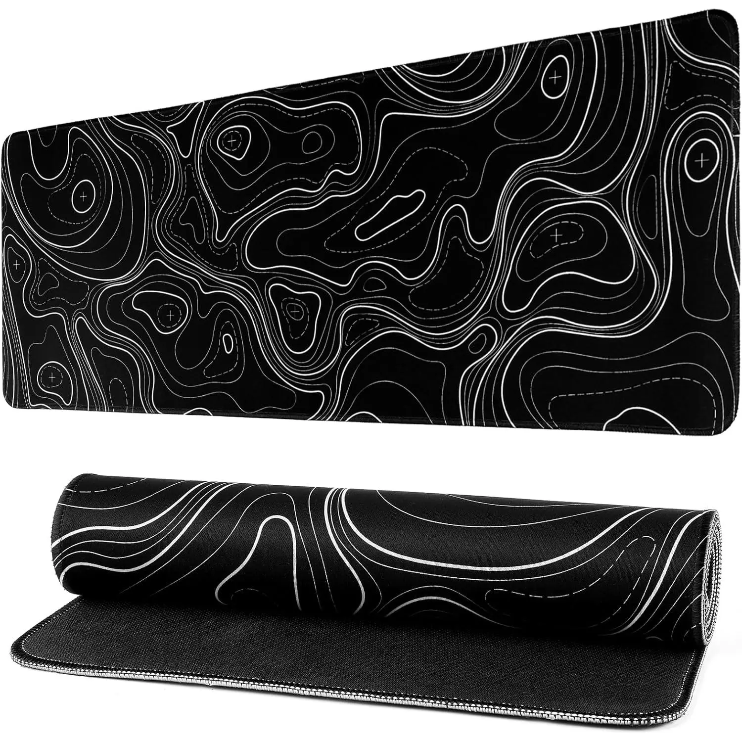 Gaming  Pad Topographic Contour Large Desk Mat Long Computer Keyboard  Mat Mousepad with Slip Base Desk Pad Edge for  Office Work (Black)