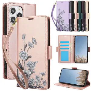Flower Flip Phone Case Suitable For iPhone 12 11 Pro X XS Max XR 8 7 Plus SE 5G 2022 2020 SE3 SE2, PU Faux Leather Wallet Phone Bag With Wrist Strap Card Slots RFID Blocking Stand Cover Phone Cover Casing