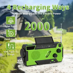 2000mah Solar Hand Crank Rechargeable Emergency Radio, Am/fm/noaa, Flashlight and Sos Alarm, Hurricane Prep, Outdoor Winter Storm Emergency