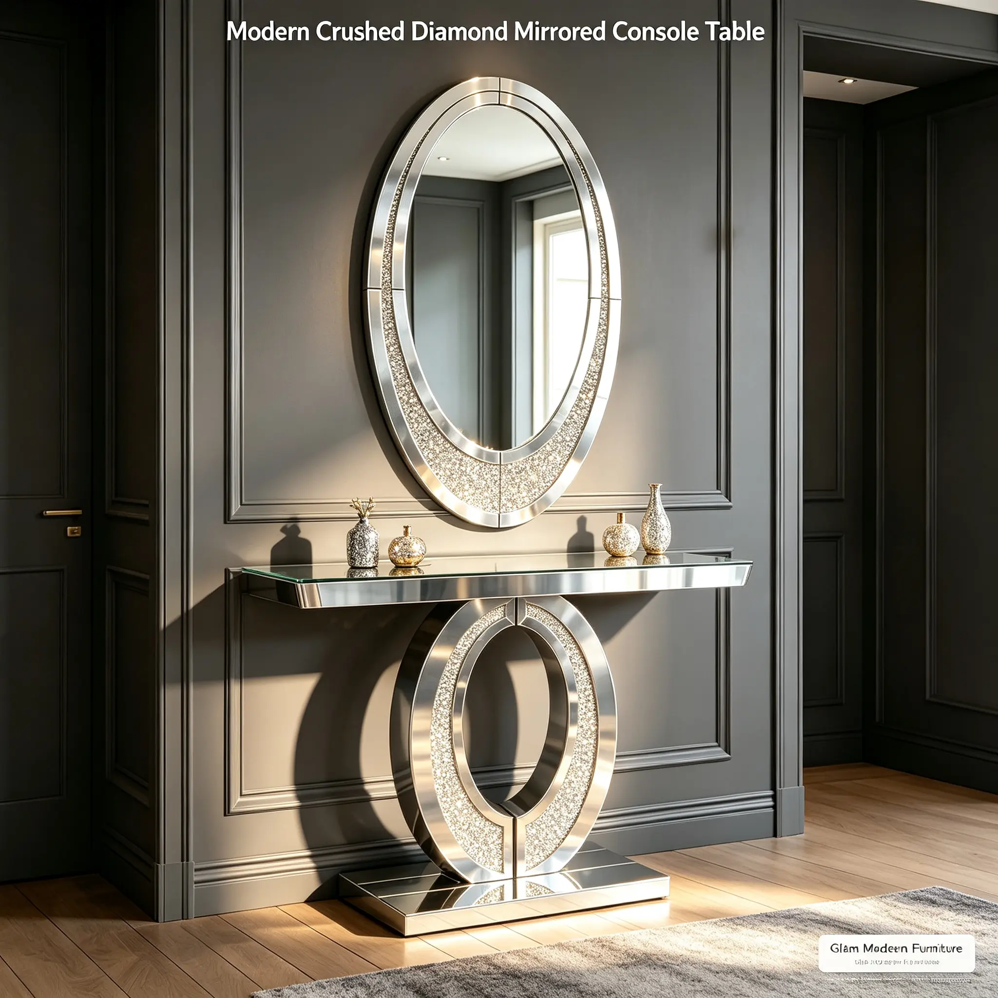 Glam Modern Handcrafted Crushed Diamond Mirrored Console  - High-Quality Indoor Pedestal  with Coordinating Oval Wall Mirror for Living Room Entryway, Luxury Home Furniture dining set