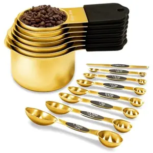 Magnetic Measuring Cups and Spoons Set Including 7 Stainless Steel Nesting Golden Measuring Cups and 8 Magnetic Golden Measuring Spoons with 1 Leveler for Cooking and Baking