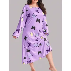 Plus-size women’s butterfly-print long-sleeve pajamas, women’s loose and comfortable crew-neck pajamas, all-season women’s pajamas
