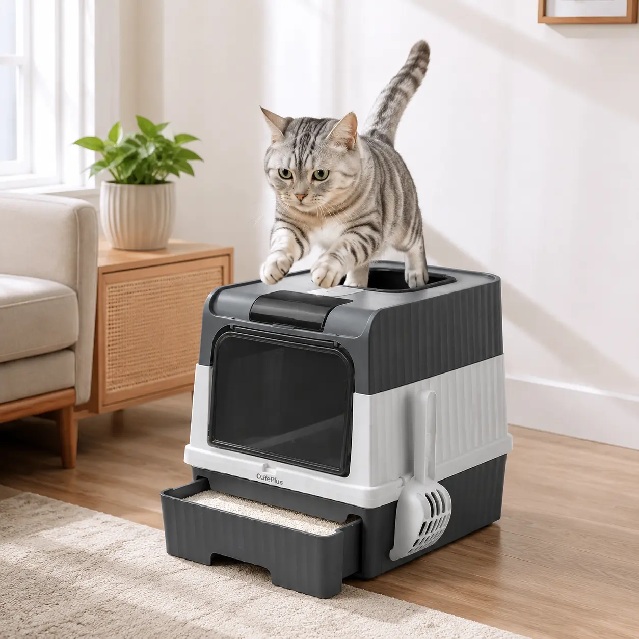 Foldable Dual-Use Cat Litter Box - Front Door & Top Entry Design, Pull-Out Drawer, Lid-Included, Splash-Resistant, Easy-To-Clean Tray with Plastic Scoop anti-urine leakage filter pedal pet supply b2b odor-lock high sided litterbox toilet