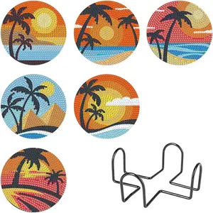 6-Piece Diamond Painting Coasters Set with Stand, Tropical Coconut Tree Beach Landscape Acrylic DIY Craft Drink Mats, Crystal Rhinestone Art Kit