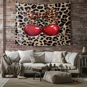 Leopard Print Cherries Wall Tapestry, Stylish Digital Print Wall Hanging for Modern Living Room Decor, Chic Aesthetic Tapestry, Perfect for Adding a Touch of Elegance to Your Home