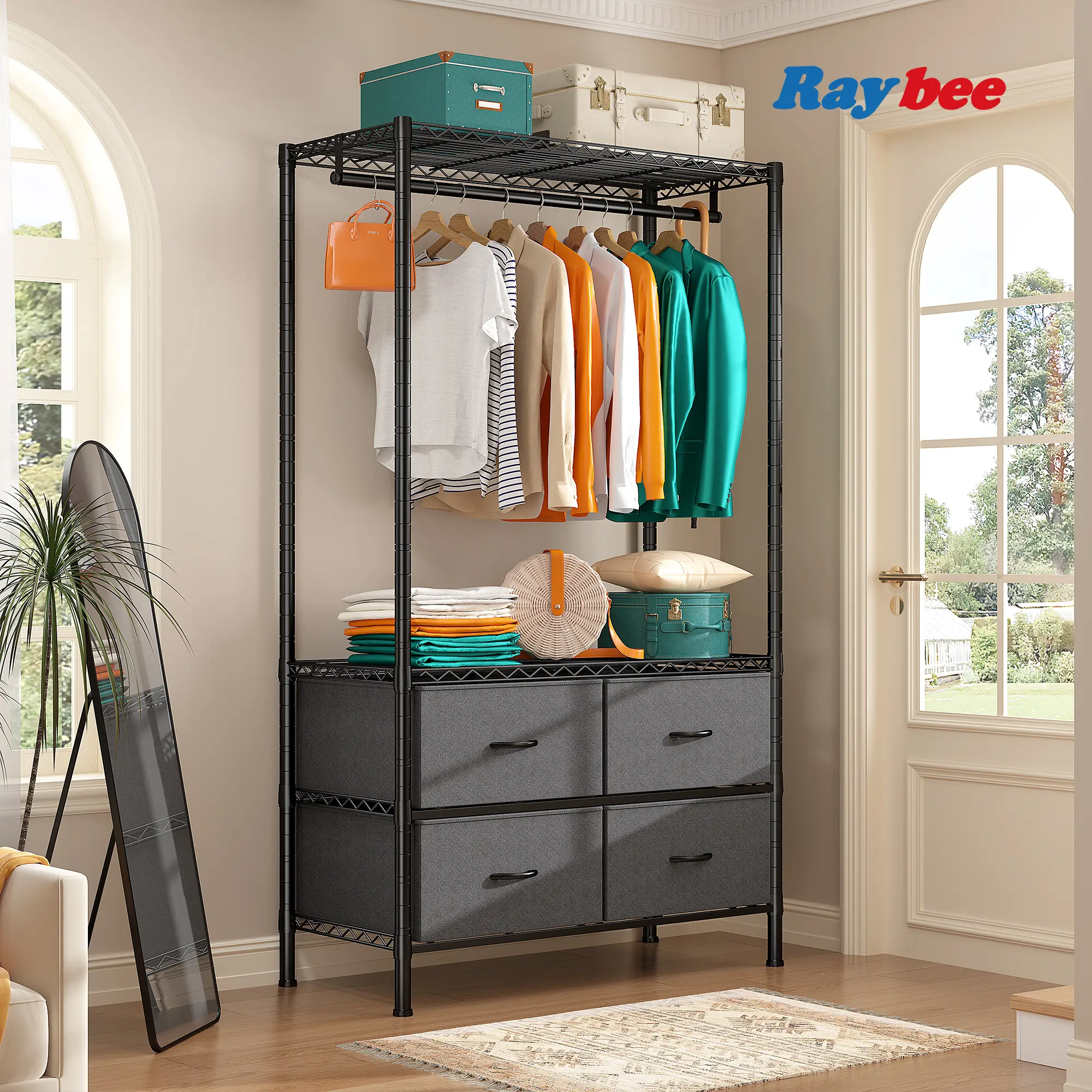 RaybeeFurniture Heavy Duty Clothes Racks for Hanging Clothes, Adjustable Metal Wire Garment Rack with 4 Fabric Drawers, Portable Hangable Organiser, C