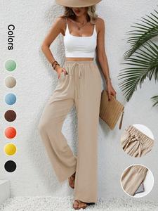 women's plain pocket tie front elastic waist straight leg pants, elegance casual high waist wide leg trousers for everyday wear, ladies bottoms for all seasons, baggy pants, womenswear, wide legged pants