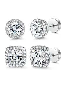 Luxury Halo Zircon Earrings Studs Set of 4, Silver Color Round/square, Hypoallergenic Copper Plated, Comfortable Daily Wear, Unisex Fashion Jewelry, GF Birthday Gift