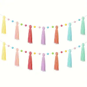 2pc, Colorful Rainbow Bohemian Fringe Decoration Garland Banner, Classroom Fringe Rainbow Garland Banner, Nursery Kindergarten Baby Room Decoration Wall Banner Wall Hanging, Party Fringe Decoration Banner