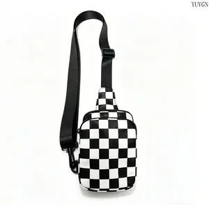 Black and White Checkered Sling Crossbody Bag, Adjustable Strap Chest Fanny Pack, Casual Streetwear Waist Bag for Women, Lightweight Phone Purse for Travel, Hiking, Daily Use & Outdoor Activities