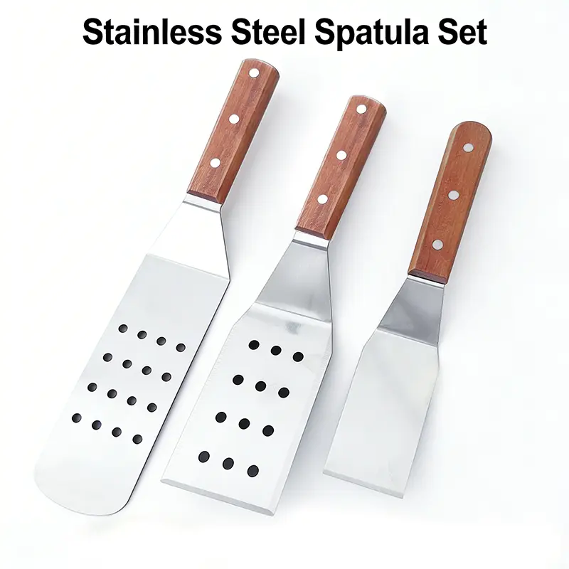 3-Piece Thick Straight Stainless Steel Non-Stick Kitchen Utensil Spatula Set - Wooden Ergonomic Handle, Heat-Resistant, Versatile Edges, Easy Hanging Storage, Simple Cleanup, Pro Chef Recommended for Burgers, Pancakes, Utensils