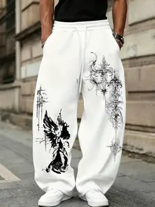 Trending Gothic Cross Angel Print Wide Leg Pants for Men Y2K Aesthetic Drawstring Elastic Waist Baggy Sweatpants Streetwear Hip Hop Casual Loose Trousers for Summer Daily Wear