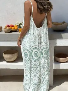 Women's Printed Adjustable Strap Backless Loose Long Dress, Casual Vacation Boho Style, Comfortable and Stylish, Perfect for Summer