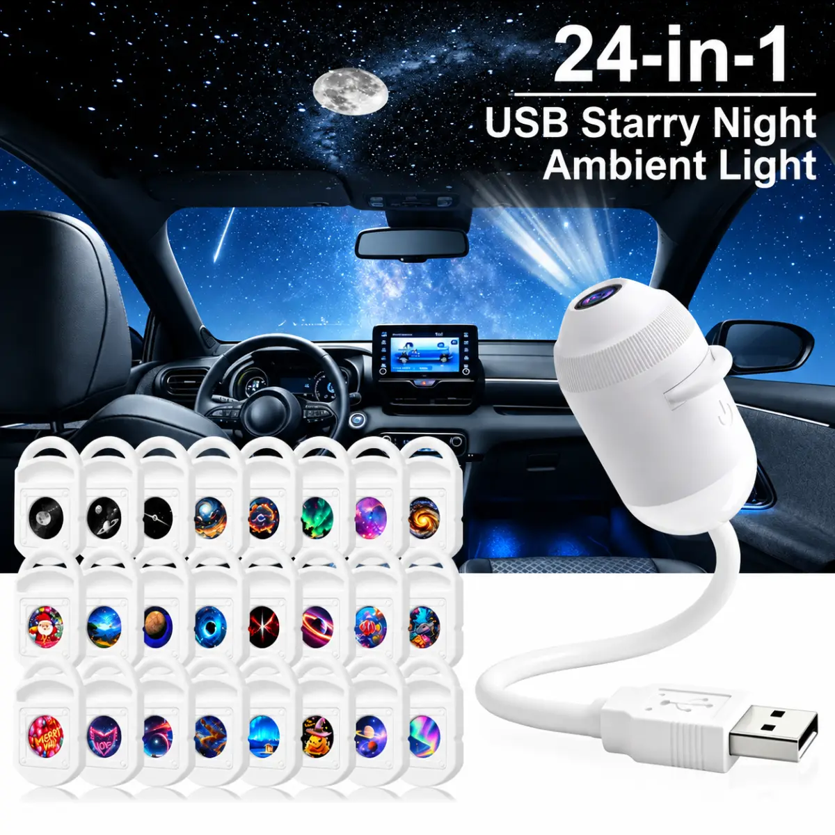 USB Star Projector Night Light with 24 Projection Films, 360° Flexible Gooseneck Galaxy Projector, Plug & Play Car Roof Starry Sky Light for Bedroom, Party, Car Decor, Romantic Gift，Halloween and Christmas gift，bedroom decor