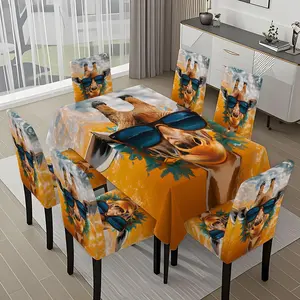 5/7-piece 2D Flat Printing Giraffe Wearing Sunglasses Printing Pattern Tablecloth and Chair Cover Set, for dining table and chair decoration, perfect for home, holiday gatherings, restaurants, and parties.